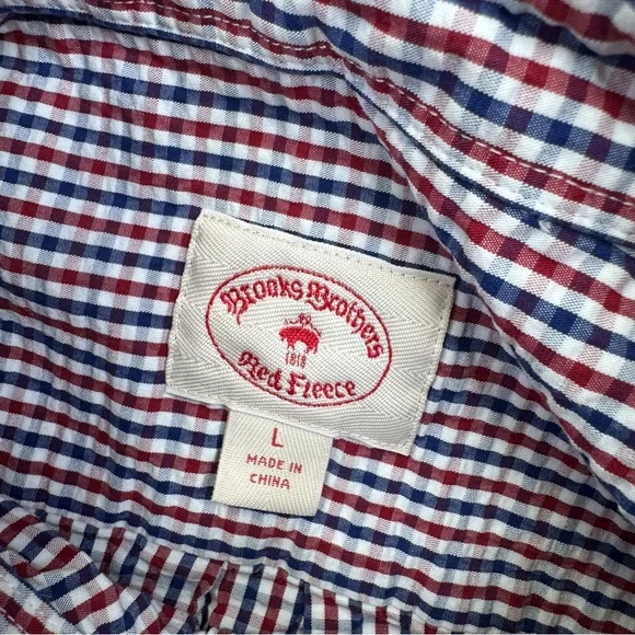 Brooks Brothers Red Fleece Checkered Seersucker Shirt Size L Red White Blue - Picture 3 of 14